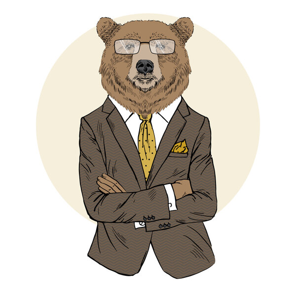 brown bear dressed up in office suit
