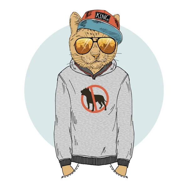 Gato de ciudad vestido con sudadera con capucha — Vector de stock