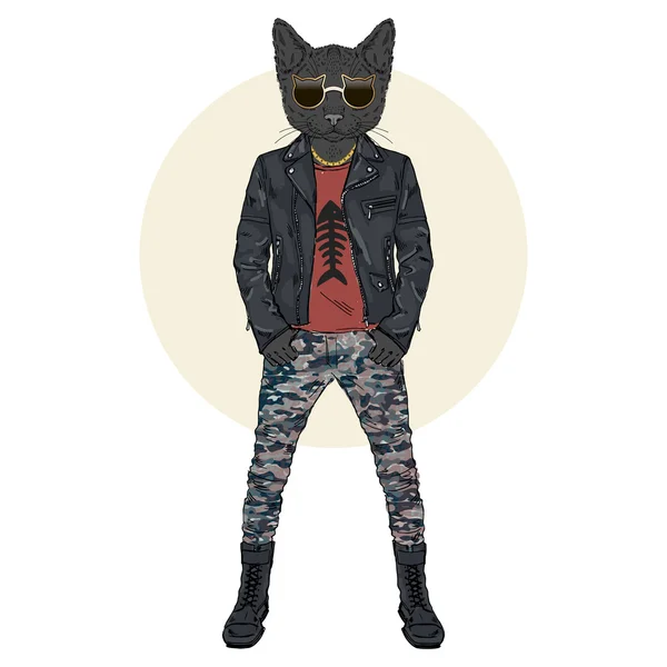 Chat noir habillé dans un style punky — Image vectorielle