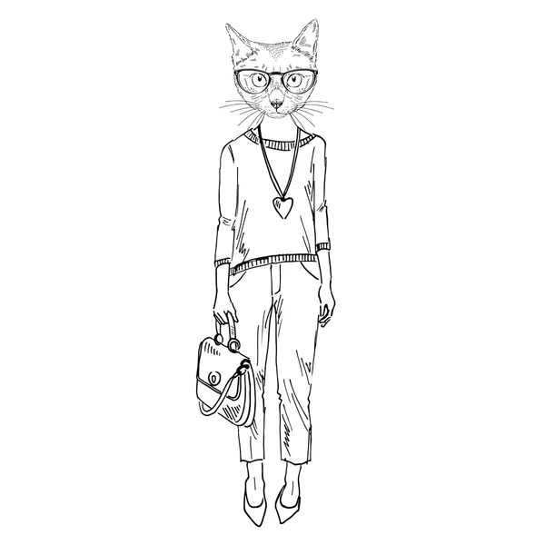 Gato mujer vestida en estilo casual — Vector de stock