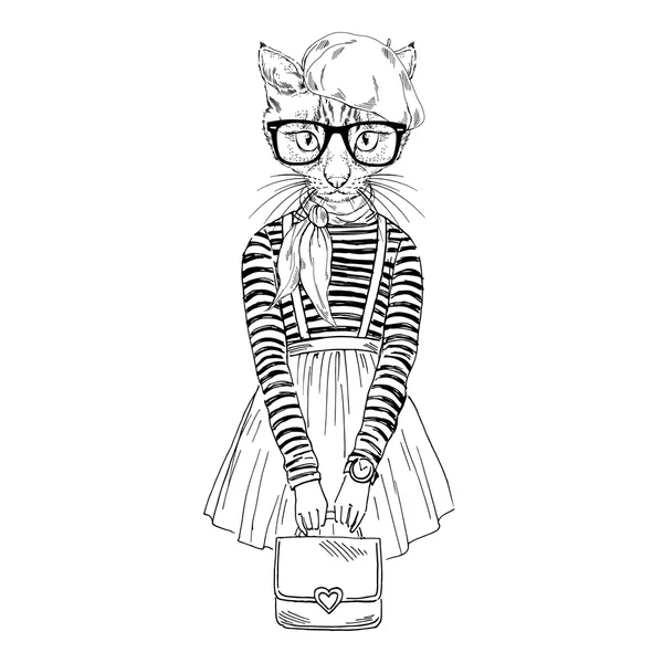 Chat fille habillé dans le style chic français — Image vectorielle