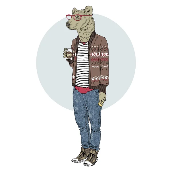 Oso hombre hipster con café — Vector de stock