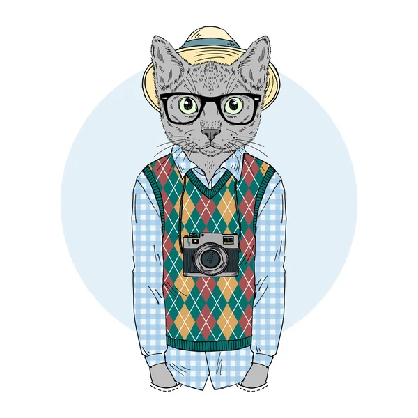 Menino gato hipster com câmera de foto — Vetor de Stock