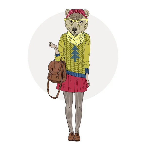 Urso menina hipster com saco — Vetor de Stock