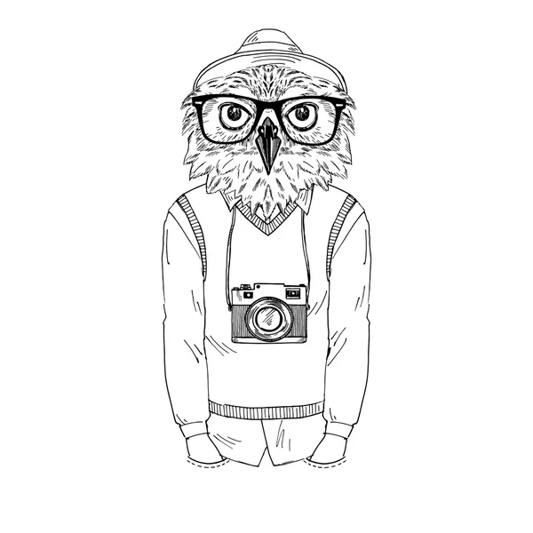 Uil hipster met fotocamera — Stockvector