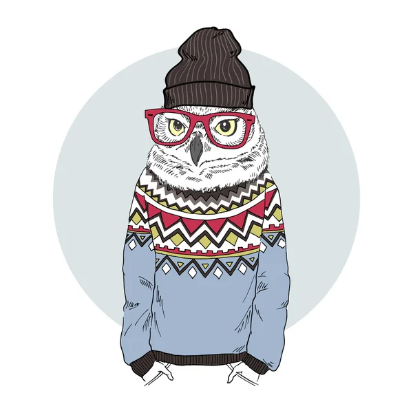 Grappige uil hipster in jacquard trui — Stockvector