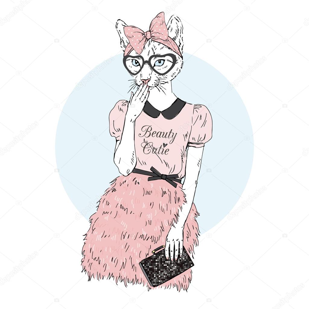 Cat girl in feather skirt Stock Vector by 114972554
