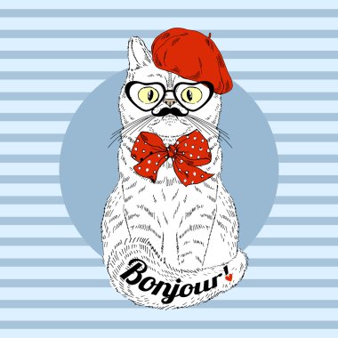 cat dressed up in french chic stylel clipart