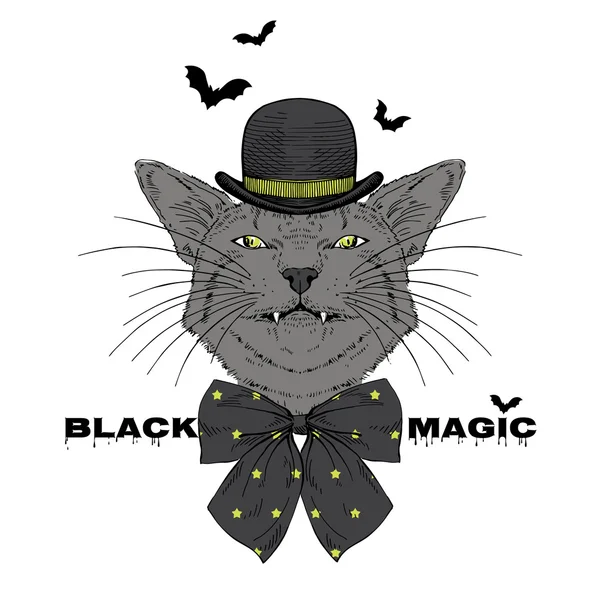 Cat in bowler hat and bow — Stock Vector