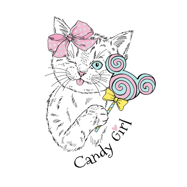 Lindo gatito chica con caramelo — Archivo Imágenes Vectoriales