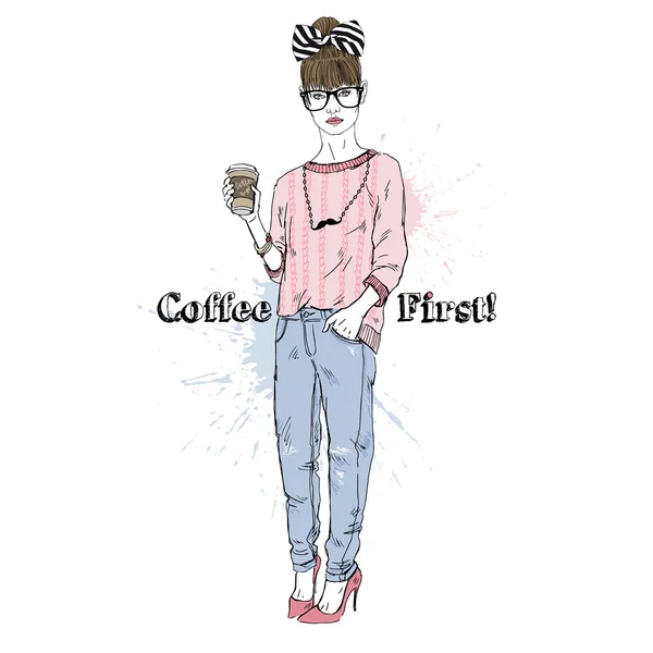 Hipster menina com café —  Vetores de Stock