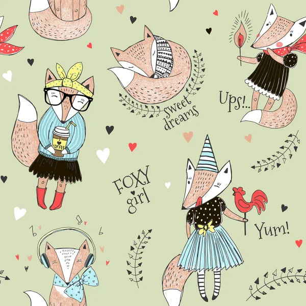 Cute fox character seamless pattern. 