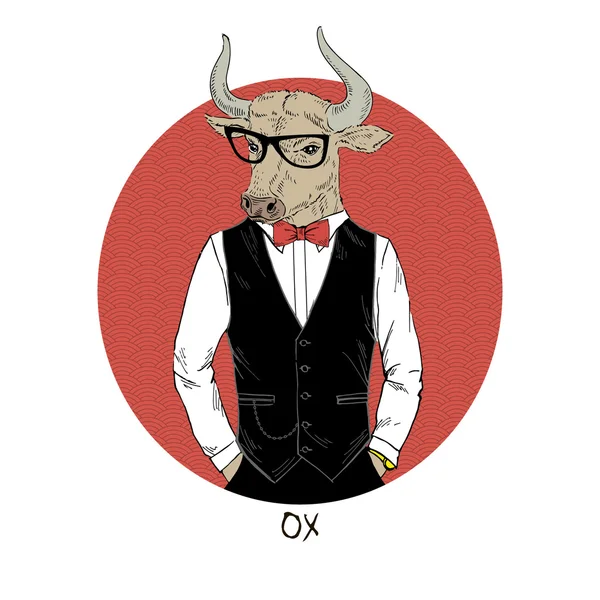 OX klädd i smart stil, — Stock vektor