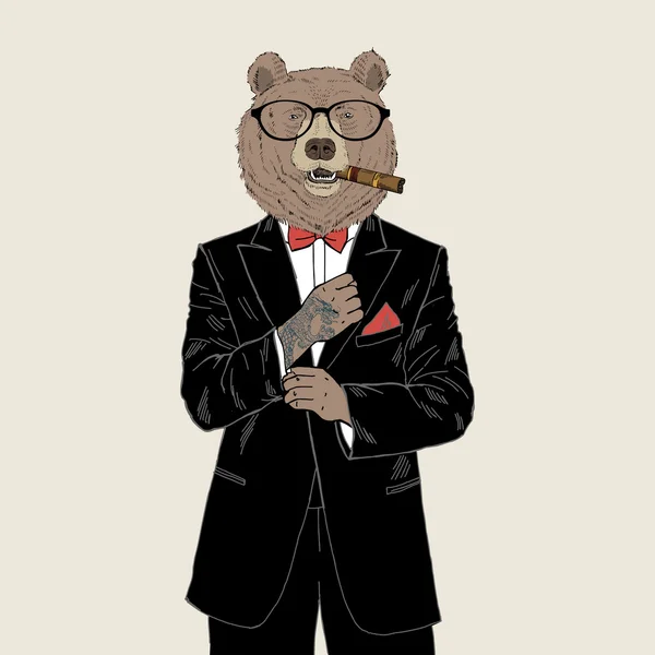 Brown bear dressed up in tuxedo, — Stock Vector