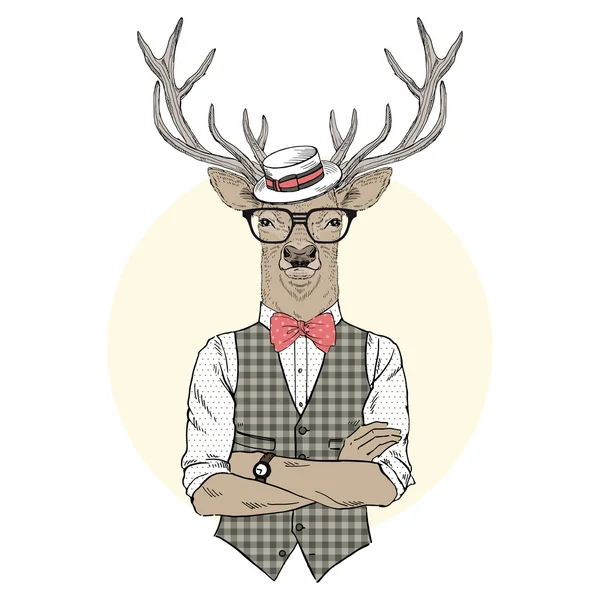 Cerf habillé dans un style rétro — Image vectorielle