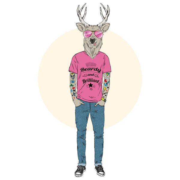 Deer hipster with tattoo dressed up — Stock Vector