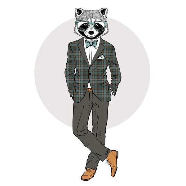 Raccoon dressed up in tweed suit — Stock Vector
