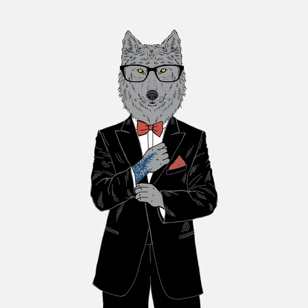 Wolf dressed up in tuxedo — Stock Vector