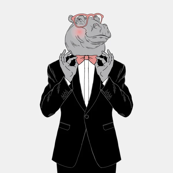 Hippo gekleed in smoking — Stockvector