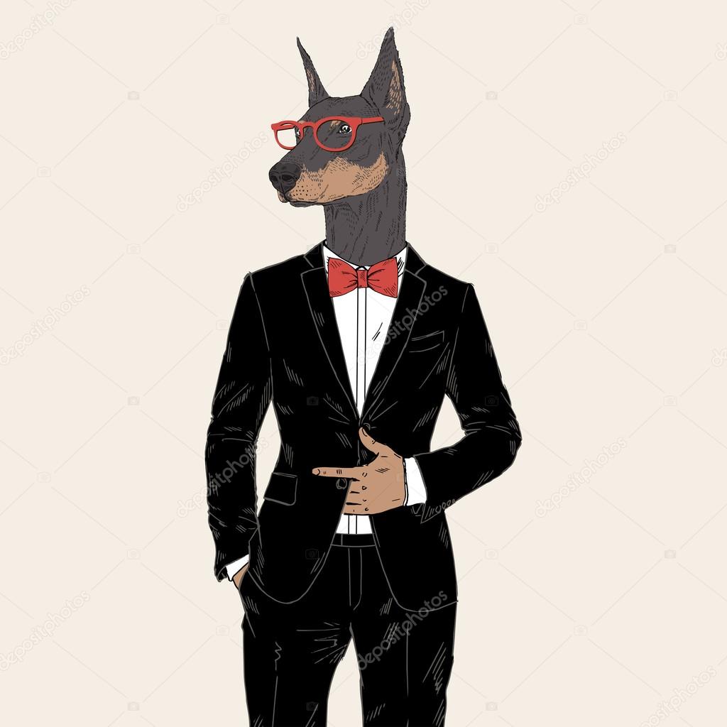 doberman dressed up in tuxedo