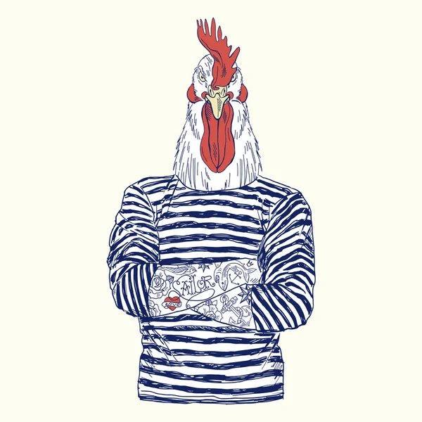 Coq avec tatouage marine habillé en robe — Image vectorielle