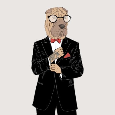 shar pei smokin içinde giyinmiş