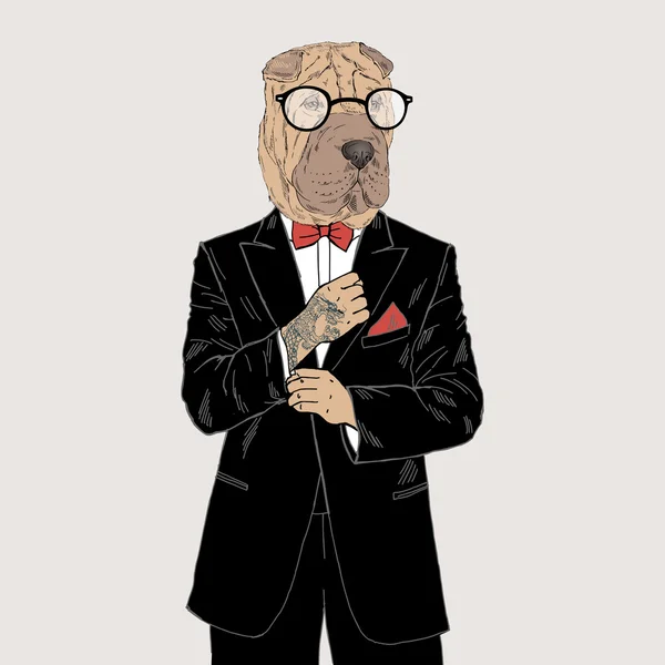 Shar pei dressed up in tuxedo — Stock Vector