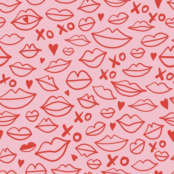 Doodle labbra forme sfondo San Valentino bacio senza soluzione di continuità modello — Vettoriale Stock