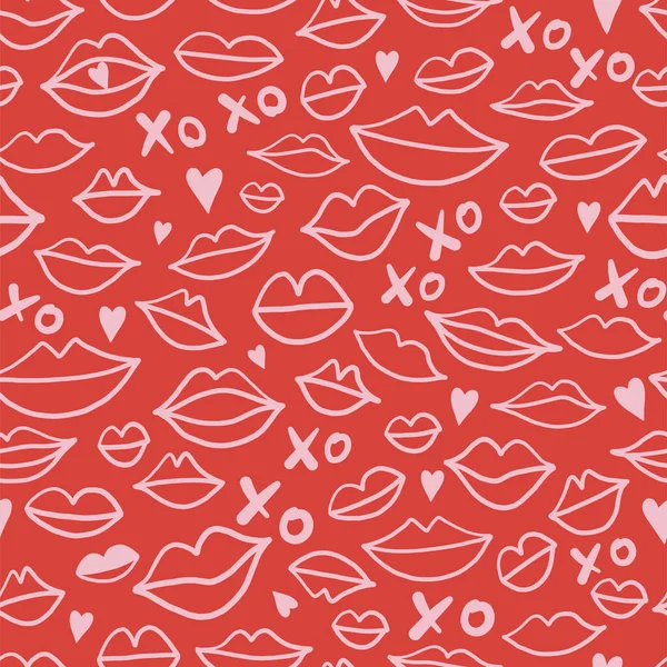 Doodle labbra forme sfondo San Valentino bacio senza soluzione di continuità modello — Vettoriale Stock