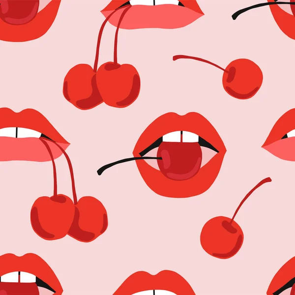 Сексуальна жінка губи з солодким вишневим безшовним візерунком — стоковий вектор