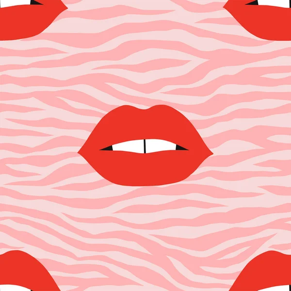 Roter Lippenstift Make-up Mund auf rosa Zebra Tierhaut Print nahtloses Muster — Stockvektor