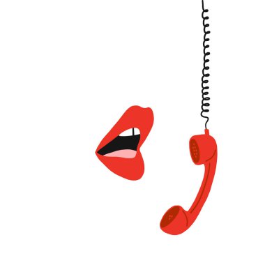 Retro telefon alıcısıyla konuşan seksi kadın ağzı. Beyaz renkte izole edilmiş vektör çizimi.