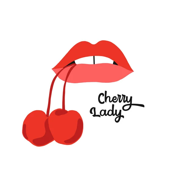 Sexy mujer labios con dulce cereza vector ilustración aislado en blanco — Vector de stock