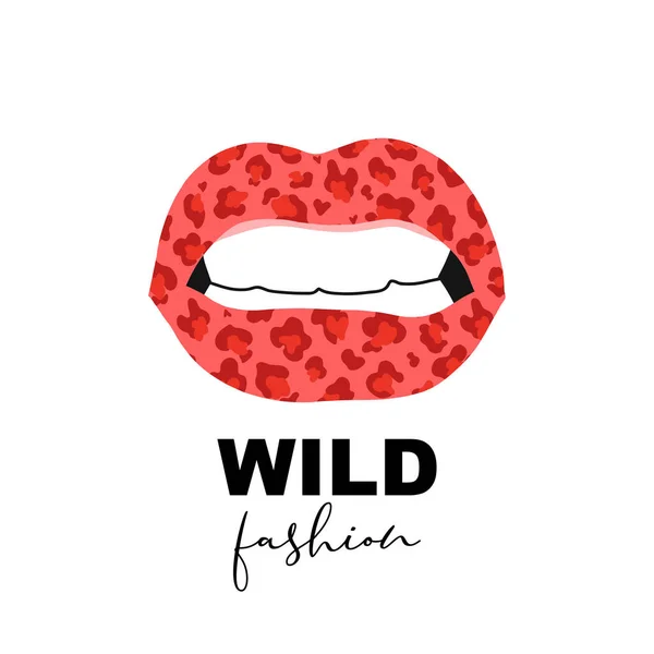 Vermelho batom leopardo padrão maquiagem irritado boca vetor ilustração isolado no branco —  Vetores de Stock