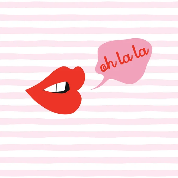 Sprechender Mund mit Oh dear French Slang Zitat in Sprechblase auf rosa und weißen Streifen Hintergrund — Stockvektor