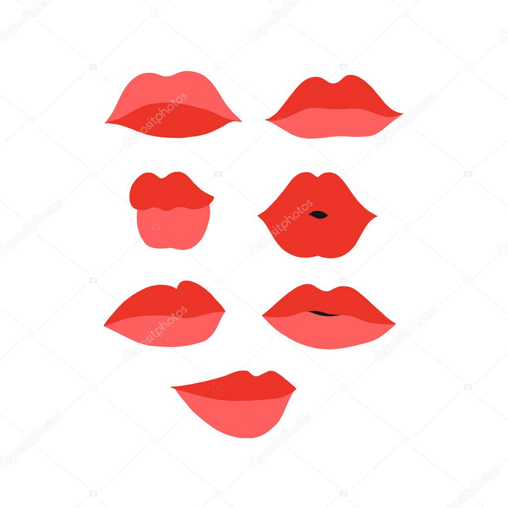 Red makeup woman lips shapes clipart set Valentines Day kiss illustration kit
