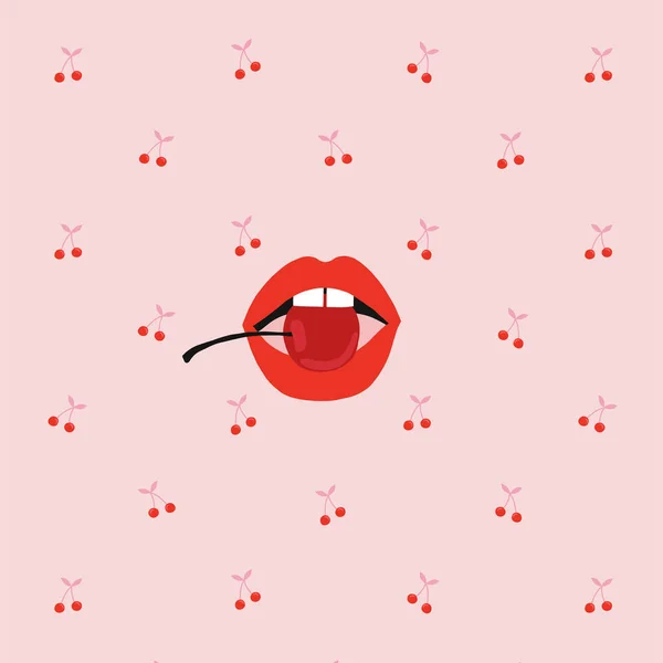 Sexy Frau Lippen mit Süßkirsche Vektor Illustration auf winzigen Beerenrosa Hintergrund — Stockvektor