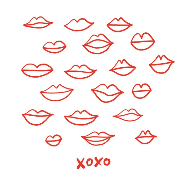 Doodle kształty ust clipart zestaw Walentynki pocałunek rysunek — Wektor stockowy