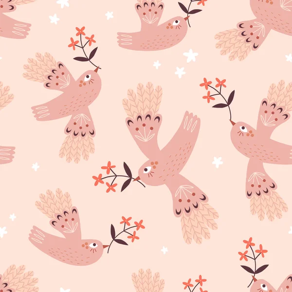 Mouche oiseau de paix avec motif vectoriel sans couture fleur — Image vectorielle