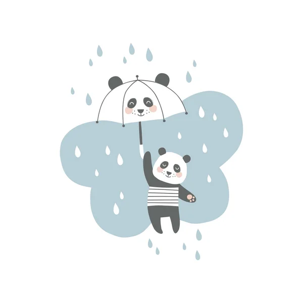 Carino orso panda volare nel cielo con kawaii ombrello illustrazione — Vettoriale Stock