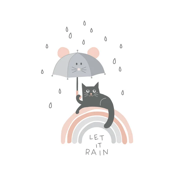 Gato preto engraçado sob guarda-chuva do mouse kawaii na ilustração do arco-íris — Vetor de Stock