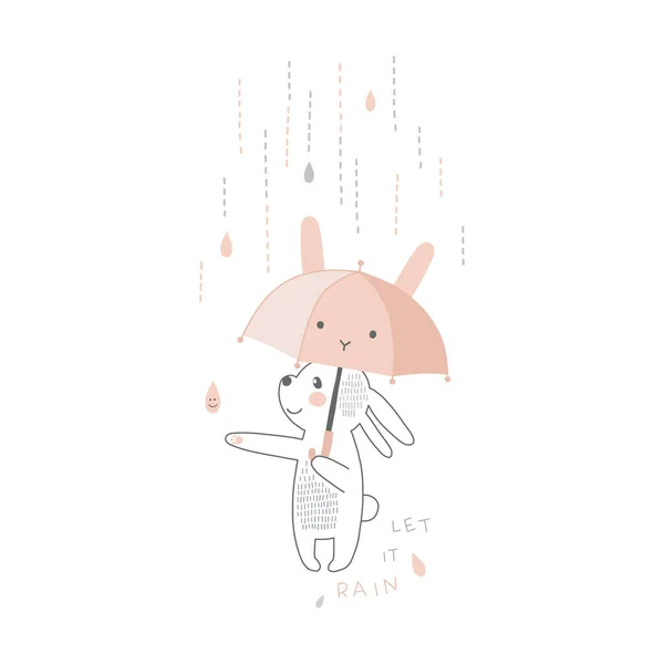 Cute white bunny animal with kawaii umbrella under the rain vector illustration — Stock Vector