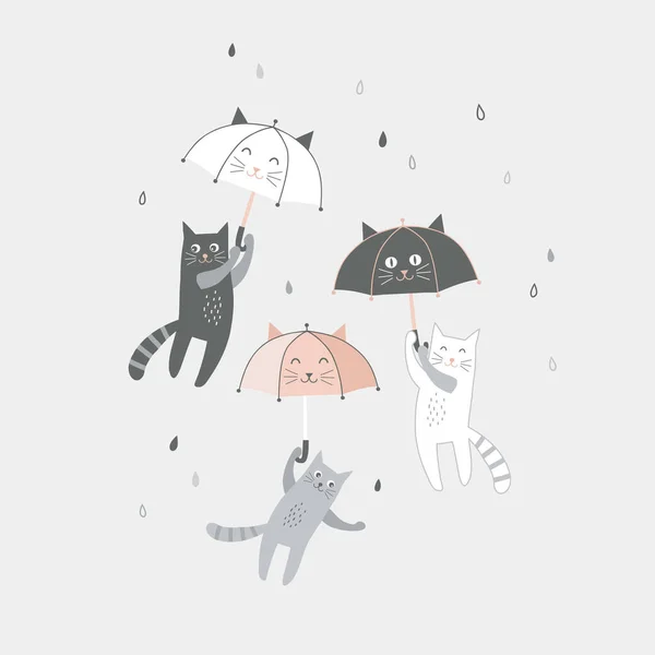 Şirin kawaii şemsiyeli komik siyah gri kedi gökyüzünde çizim yapıyor. — Stok Vektör