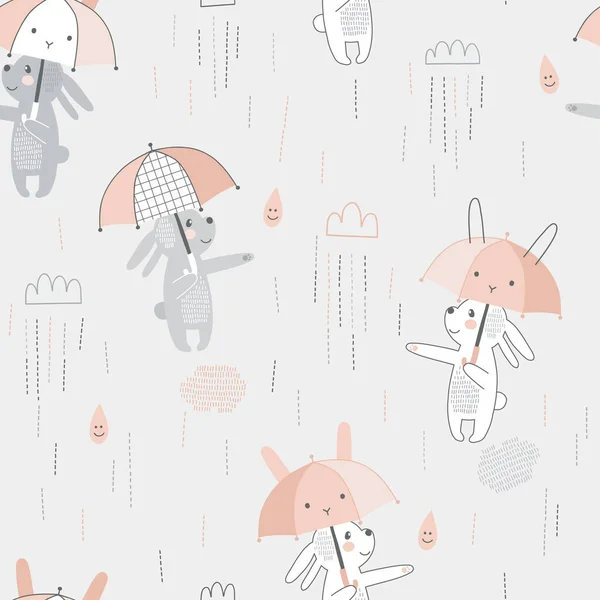 Симпатичный белый серый кролик с розовым зонтиком Кавайи под вектором дождя бесшовный узор. — стоковый вектор