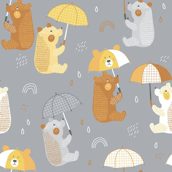 Cute Bear with kawaii umbrella seamless pattern — Stock Vector