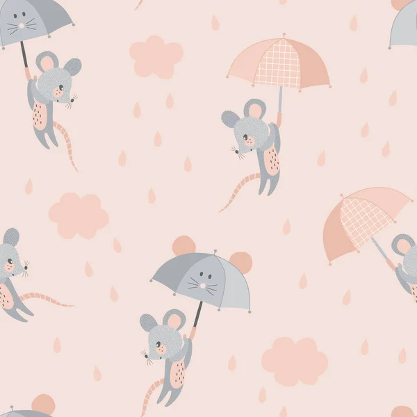 Lindo ratón gris con paraguas kawaii volar en el cielo rosa patrón sin costuras — Vector de stock