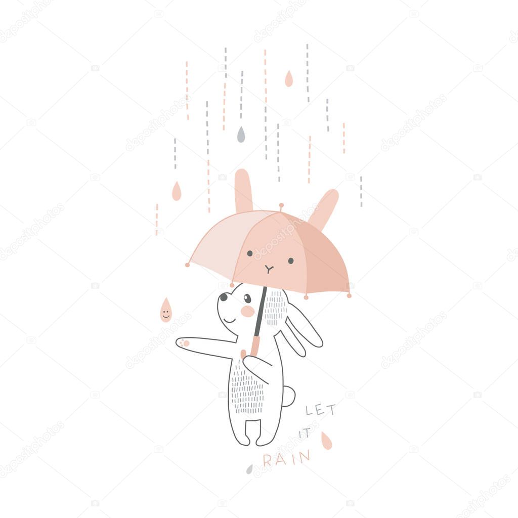 Cute white bunny animal with kawaii umbrella under the rain vector illustration