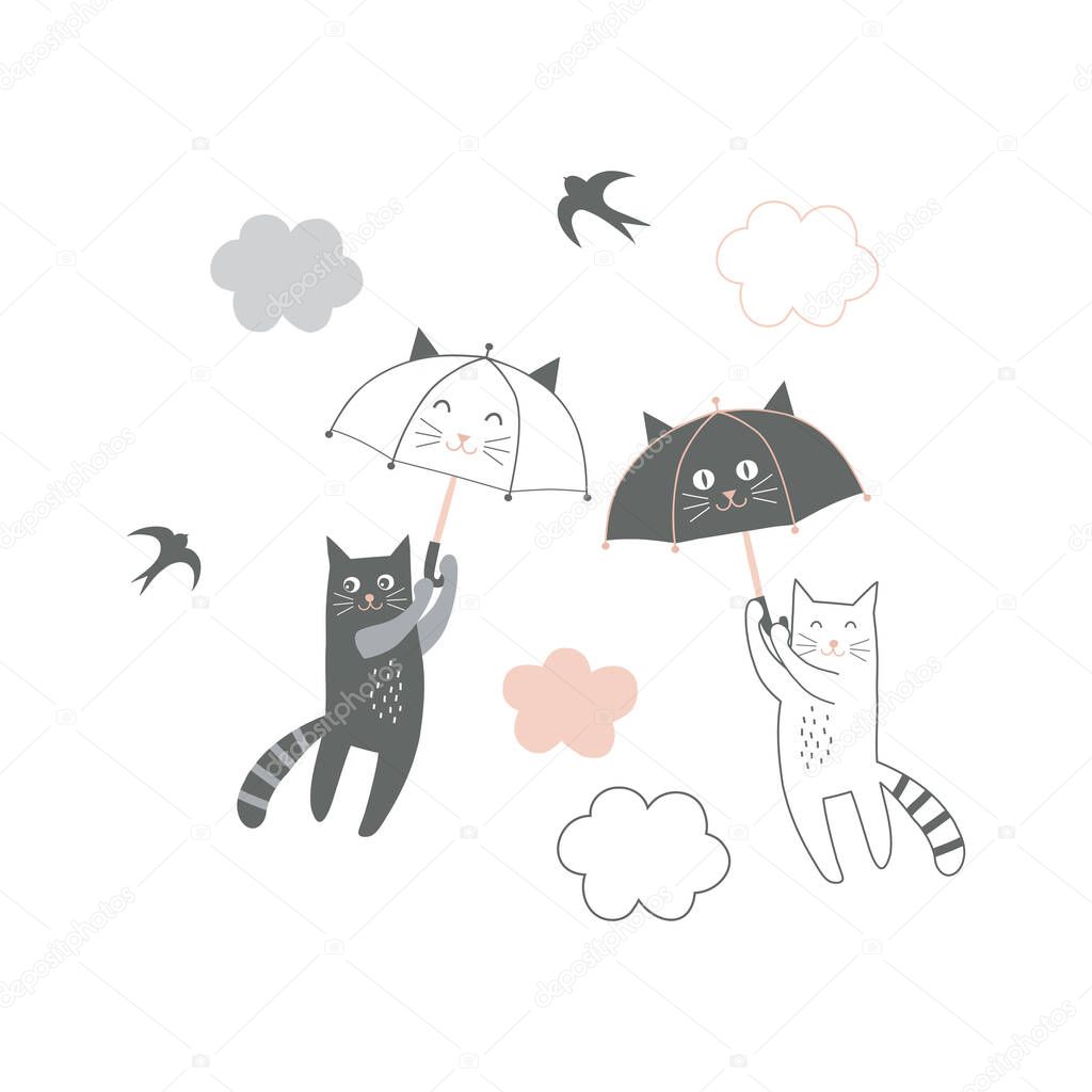 Funny black and white cat with cute kawaii umbrella fly in the sky illustration 