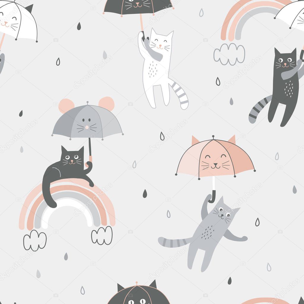 Funny black white grey cat with cute kawaii umbrella fly in the sky seamless pattern.