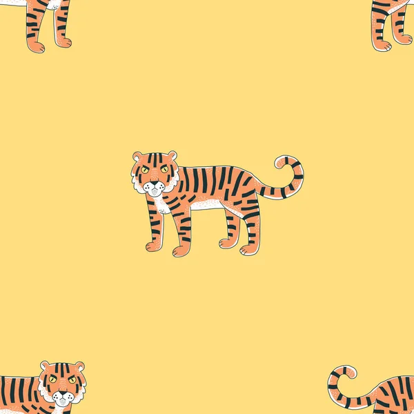 Cute stripy tiger illustration vector seamless pattern — Stock Vector